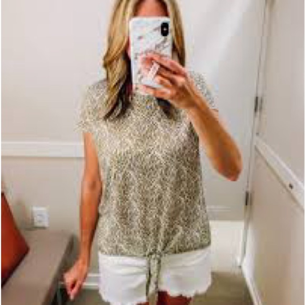 Ann Taylor Loft Linen Leaf Print Tie Front Top
